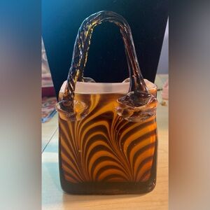 Block Crystal Mouth Blown Glass Purse Tiger Swirl Pattern